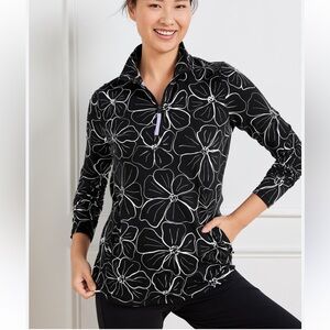 NWT Talbots FRENCH TERRY HALF-ZIP PULLOVER - STENCILED BLOOMS